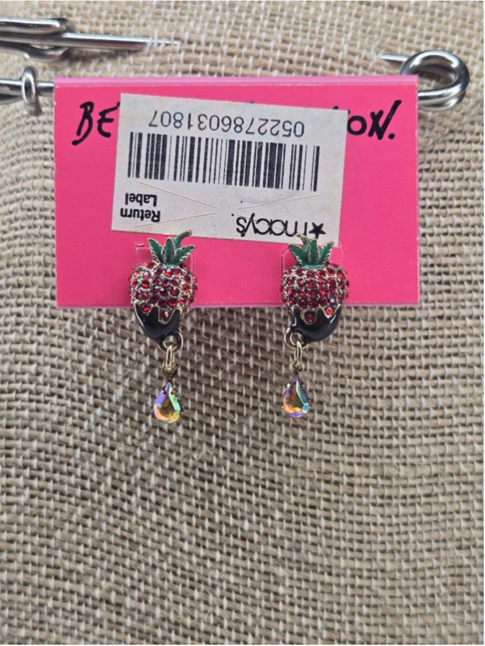 NWT Betsey Johnson Earrings Chocolate Dipped Strawberry Post Dangle Red Crystal